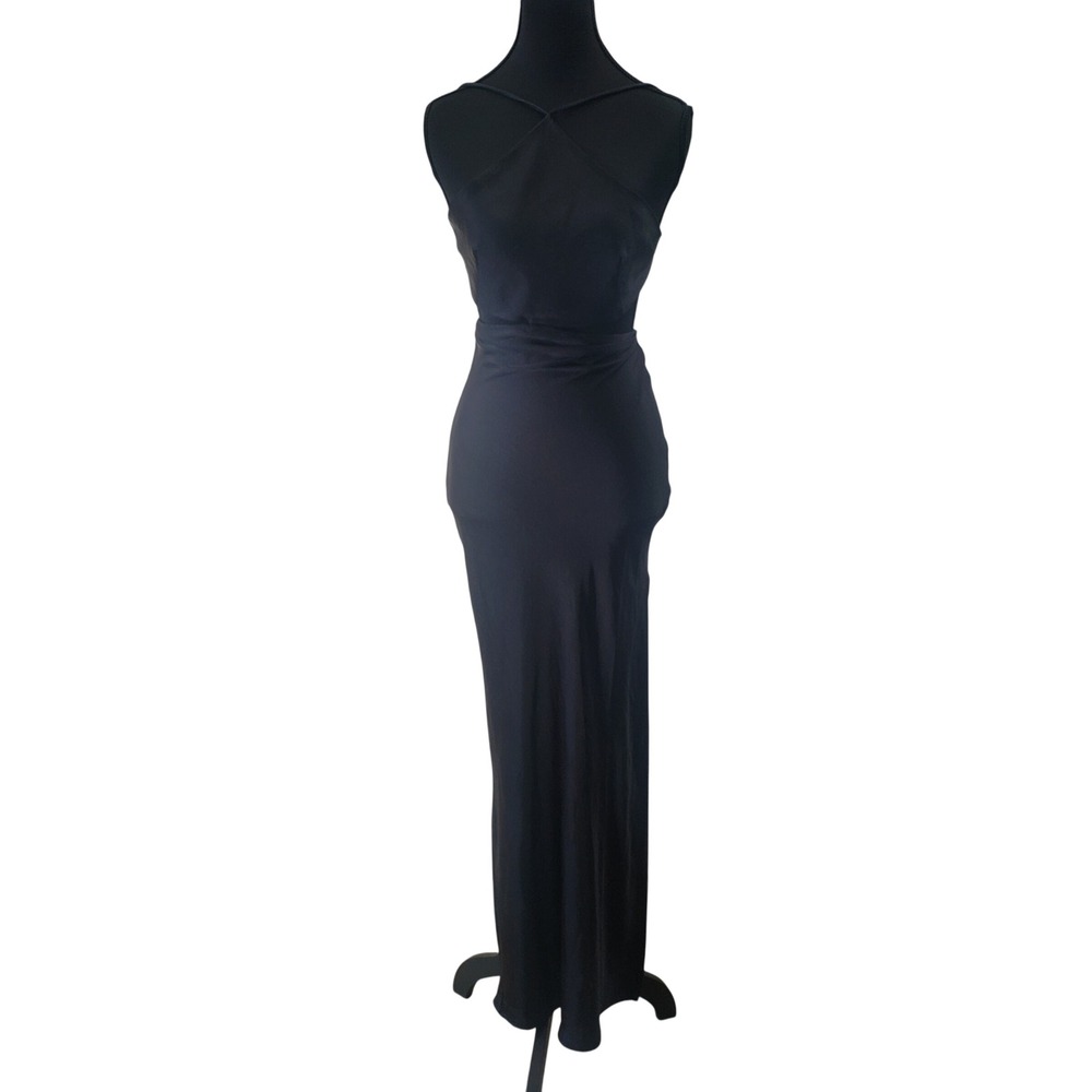 Supre Event Edit Maxi Dress Womens 6 Black Halter Tie Back Satin Slit Gown Party